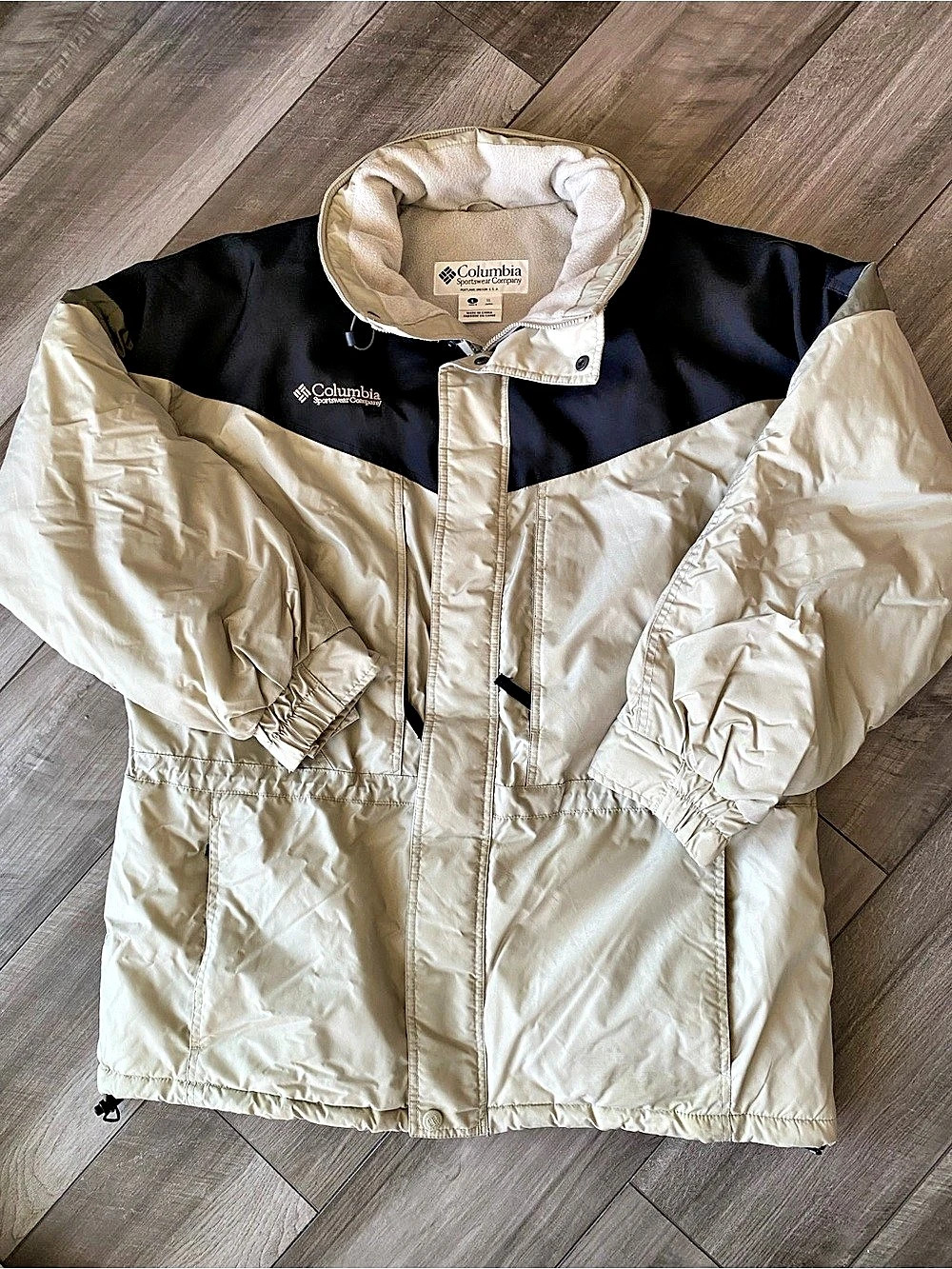 Columbia Hooded Full Zip Colorblock Heavy Duty Jacket Beige/Black Men's L